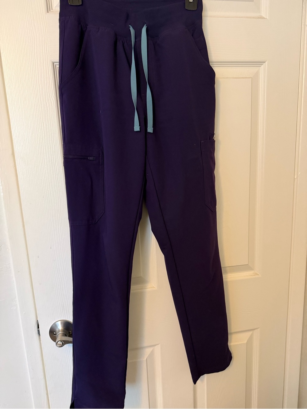 Deep Purple Cargo straight leg Fig Scrubs with Teal Drawstring